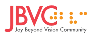 Red text JBVC with yellow braille on the side logo above the word Joy Beyond vision community.